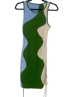 Wave-Panel Sleeveless Dress in Green, Blue & Cream